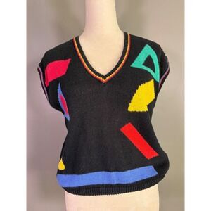 Vintage 80s MiKi Geometric Sweater Vest Women M Black Retro Mod Art Teacher Bold